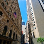 Lower Manhattan Cityscape Federal Reserve Bank building New York City stock photo
