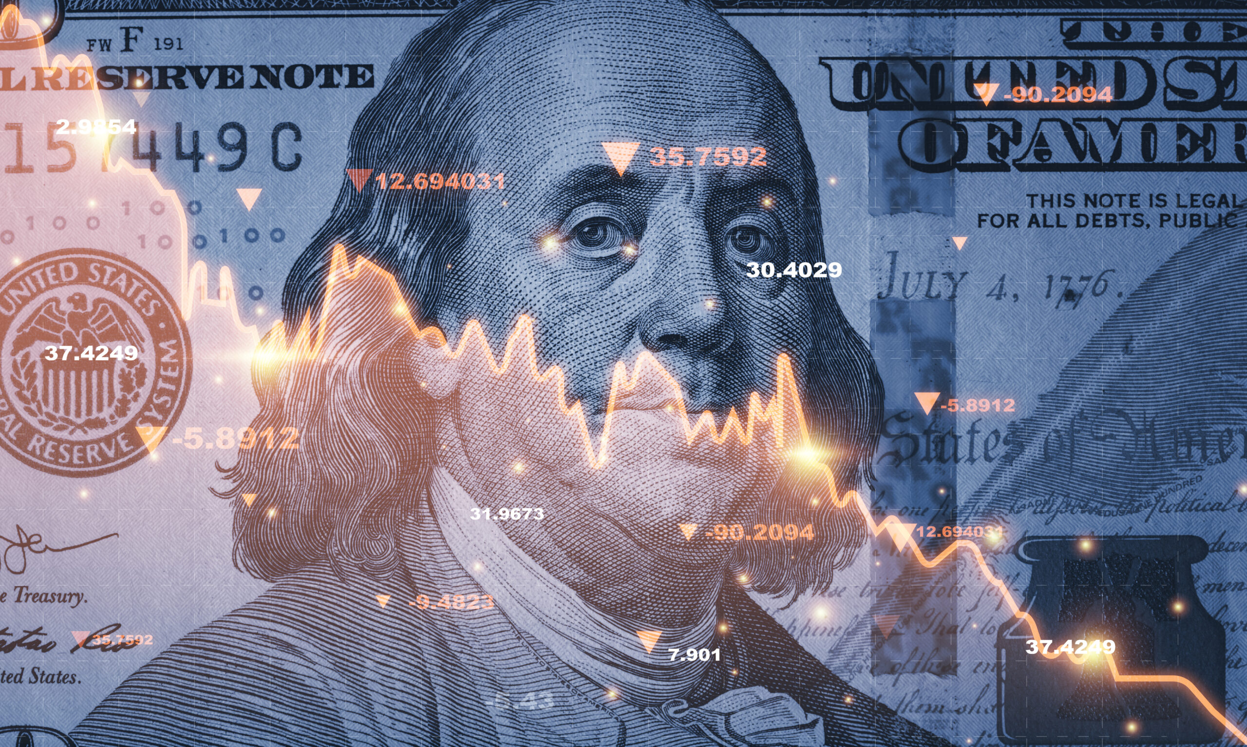 Benjamin Franklin face on USD dollar banknote with red decreasing stock market graph chart for symbol of economic recession crisis concept.